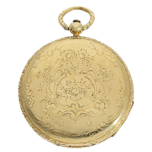 18 Carat gold case which is finely engraved on front 18 Carat gold case which is finely engraved on front