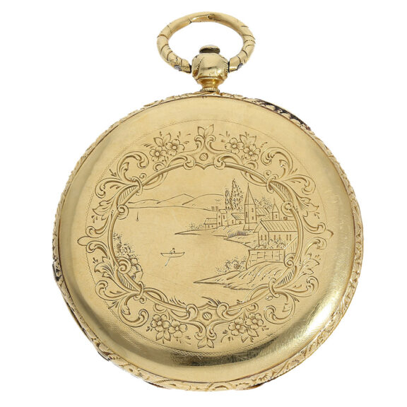 18 Carat gold case which is finely engraved on both sides, with Lake Geneva on the back 18 Carat gold case which is finely engraved on both sides, with Lake Geneva on the back