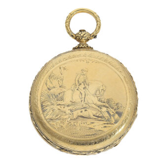 Magnificent English Circa pocket watch1840 with fantastic engravings on both sides: a hunting motif on the front with riders and hounds