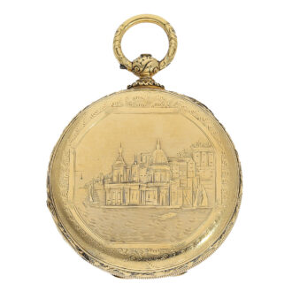 Magnificent English pocket watch Circa 1840 with fantastic engravings on both sides, probably Lake Geneva on the back