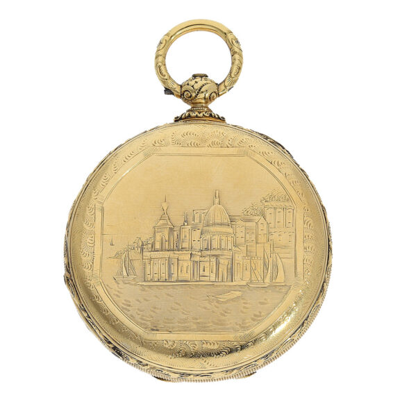 Magnificent English pocket watch Circa 1840 with fantastic engravings on both sides, probably Lake Geneva on the back Magnificent English pocket watch Circa 1840 with fantastic engravings on both sides, probably Lake Geneva on the back