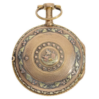 French pocket watch Circa 1775 with an 18 Carat gold relief case back which is worked in three gold colours