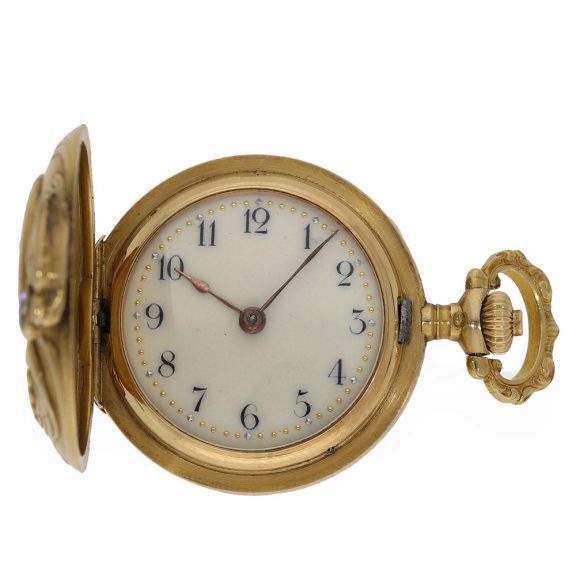 Swiss 18 carat gold Art Nouveau hunting cased watch Circa 1900 Swiss 18 carat gold Art Nouveau hunting cased watch Circa 1900