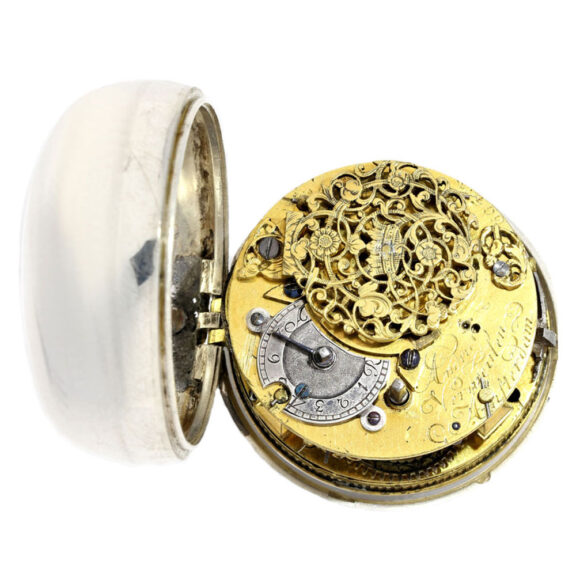 A rare metal Dutch verge with silver champlevé dial Circa 1730 A rare metal Dutch verge with silver champlevé dial Circa 1730