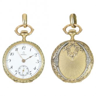 Swiss 18 carat gold pocket pendant watch with diamond trim Circa 1910