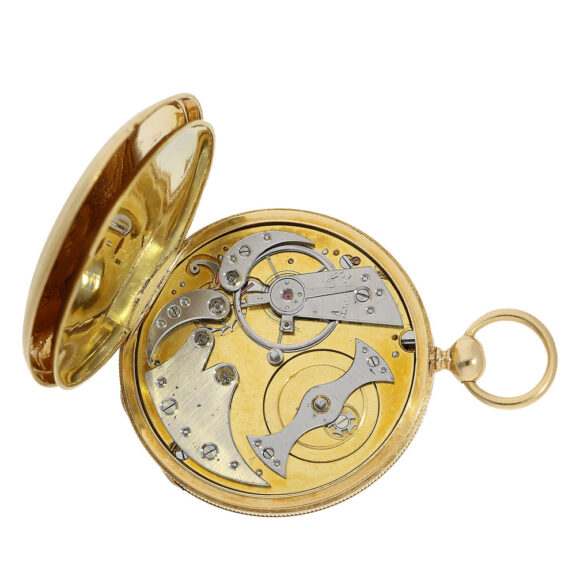 The movement has an extremely rare calibre with steel bridges, early lever escapement and large sapphire bearing jewels The movement has an extremely rare calibre with steel bridges, early lever escapement and large sapphire bearing jewels