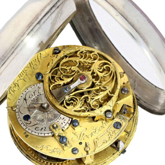 A Swedish silver verge with big cage and ruby endstone Circa 1760 A Swedish silver verge with big cage and ruby endstone Circa 1760