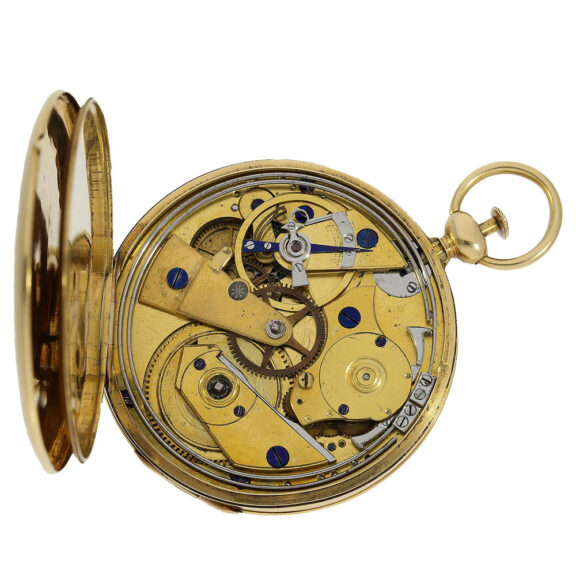 The movement has a cylinder escapement, temperature compensation and parachute. The movement has a cylinder escapement, temperature compensation and parachute.