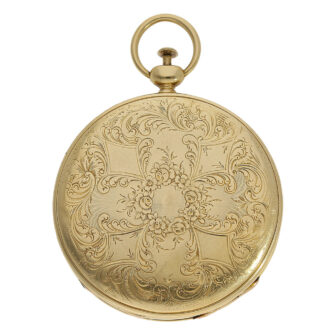 The watch features a Breguet golden case that is very finely engine-turned and florally engraved on the back