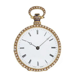 Swiss 18 carat gold and enamel watch with pearl setting Circa 1830