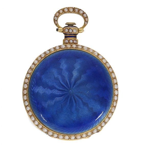 Swiss 18 carat gold and enamel watch with pearl setting Circa 1830 Swiss 18 carat gold and enamel watch with pearl setting Circa 1830