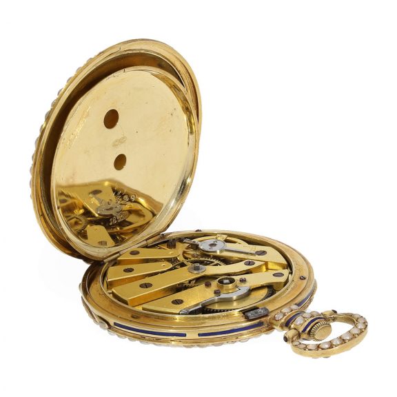 Swiss 18 carat gold and enamel watch with pearl setting Circa 1830 Swiss 18 carat gold and enamel watch with pearl setting Circa 1830