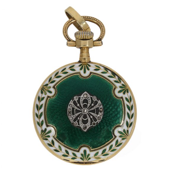 Swiss 18 carat gold and enamel lever pendant watch Circa 1910 Swiss 18 carat gold and enamel lever pendant watch Circa 1910
