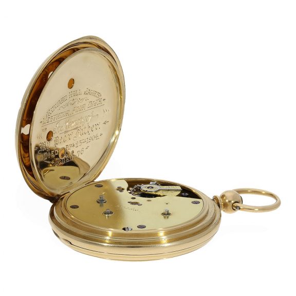 Technically interesting English gold full hunter cased watch Circa 1873 Technically interesting English gold full hunter cased watch Circa 1873