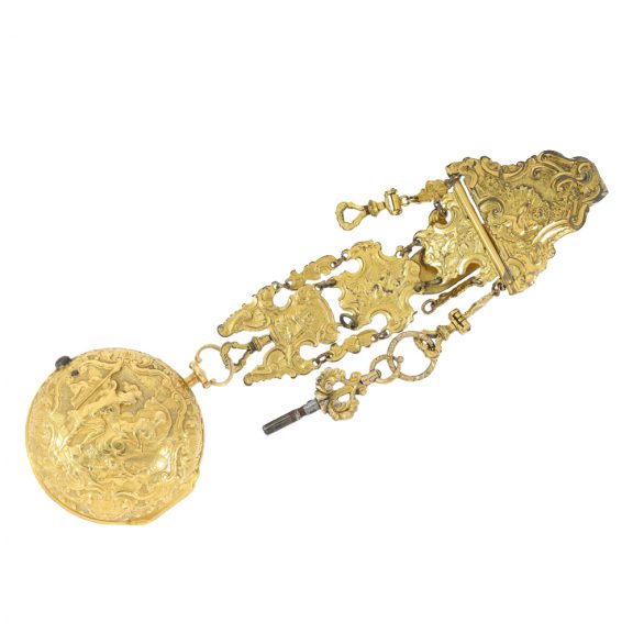 English repoussé pair case verge watch with chatelaine Circa 1749 English repoussé pair case verge watch with chatelaine Circa 1749