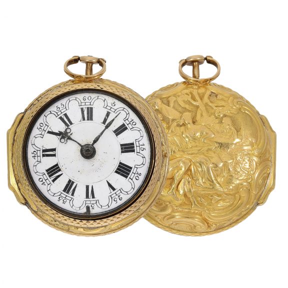 Early 18 Carat gold English repoussé pair case verge watch Circa 1758 Early 18 Carat gold English repoussé pair case verge watch Circa 1758