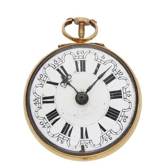 Early 18 Carat gold English repoussé pair case verge watch Circa 1758
