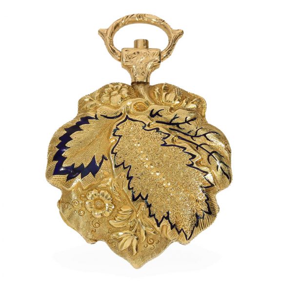Swiss 18 carat gold vine leaf shaped pendant watch Circa 1870 Swiss 18 carat gold vine leaf shaped pendant watch Circa 1870
