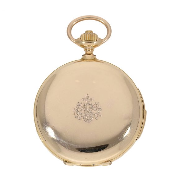 Swiss 18 carat gold full hunter cased watch with repeater Circa 1885 Swiss 18 carat gold full hunter cased watch with repeater Circa 1885