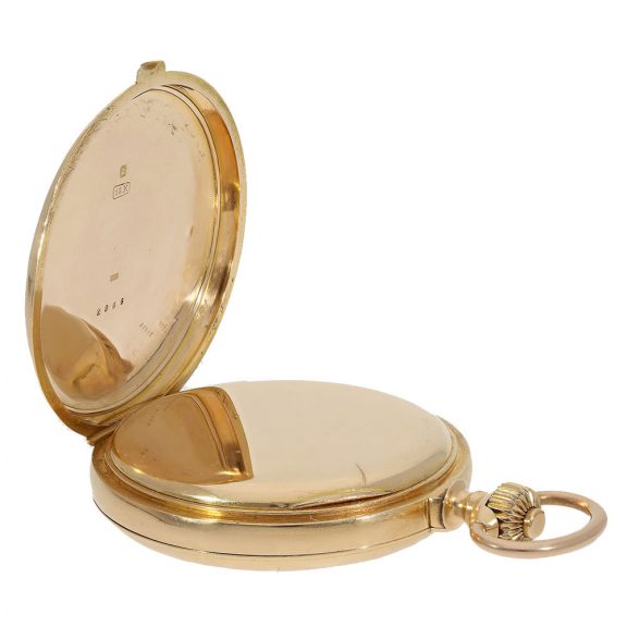 Swiss 18 carat gold full hunter cased watch with repeater Circa 1885 Swiss 18 carat gold full hunter cased watch with repeater Circa 1885