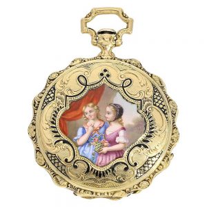 Swiss 18 K gold watch with excellent enamel painting Circa 1830