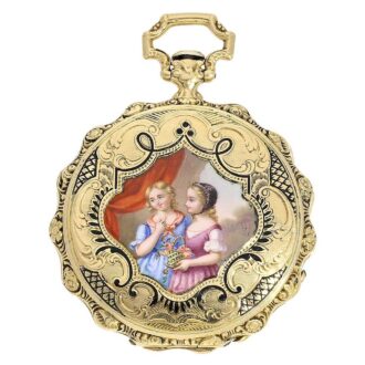Swiss 18 K gold watch with excellent enamel painting Circa 1830