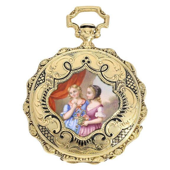 Swiss 18 K gold watch with excellent enamel painting Circa 1830