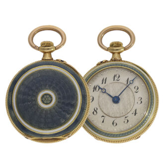 This watch has an 18 Carat gold, blue guilloché enamelled open faced case with white edges