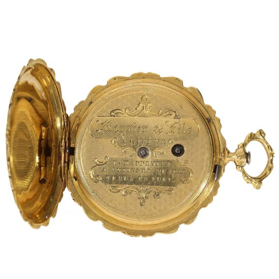 Swiss 18 carat gold enamel cylinder watch with painting Circa 1840 Swiss 18 carat gold enamel cylinder watch with painting Circa 1840