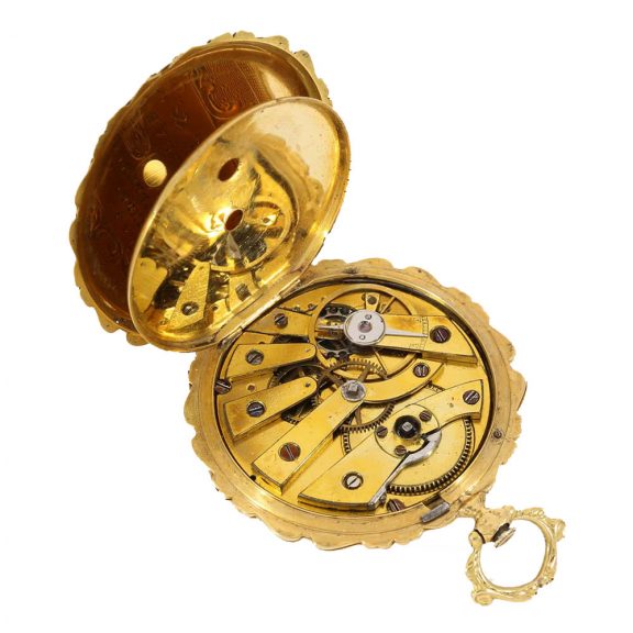 Swiss 18 carat gold enamel cylinder watch with painting Circa 1840 Swiss 18 carat gold enamel cylinder watch with painting Circa 1840