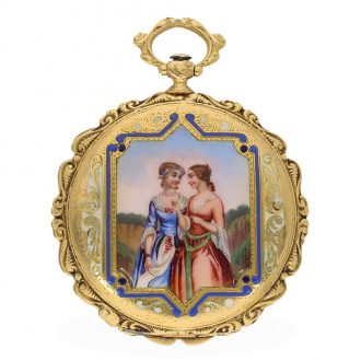 Swiss 18 carat gold enamel cylinder watch with painting Circa 1840