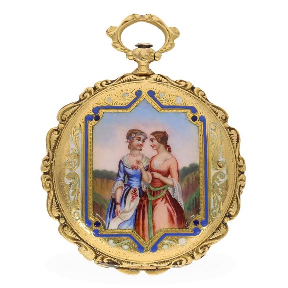 Swiss 18 carat gold enamel cylinder watch with painting Circa 1840