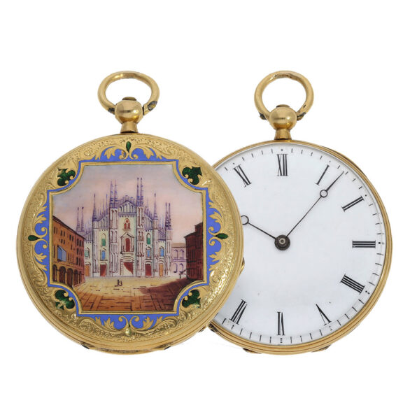 Exquisite Swiss 18 Carat enamel Lépine with magnifying glass painting Circa 1840 Exquisite Swiss 18 Carat enamel Lépine with magnifying glass painting Circa 1840