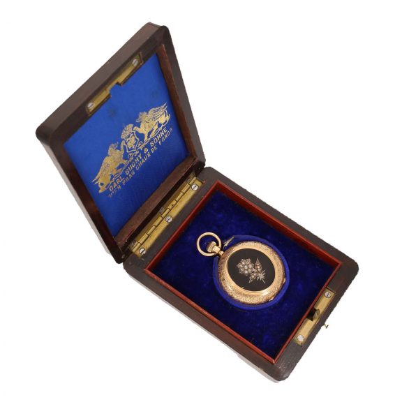 Swiss Austrian 14 carat gold and enamel full hunter watch Circa 1880 Swiss Austrian 14 carat gold and enamel full hunter watch Circa 1880