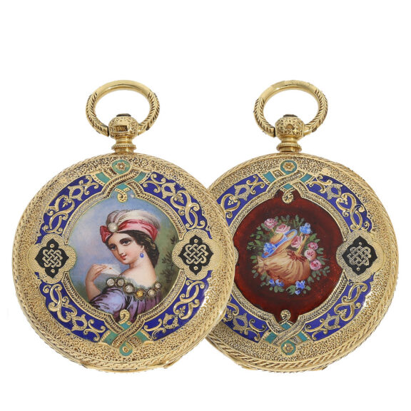 Swiss fine gold enamel pocket watch with magnifying glass painting Circa 1860 Swiss fine gold enamel pocket watch with magnifying glass painting Circa 1860