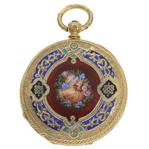 Swiss fine gold enamel pocket watch with magnifying glass painting Circa 1860