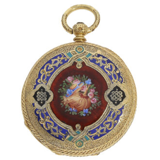 Swiss fine gold enamel pocket watch with magnifying glass painting Circa 1860