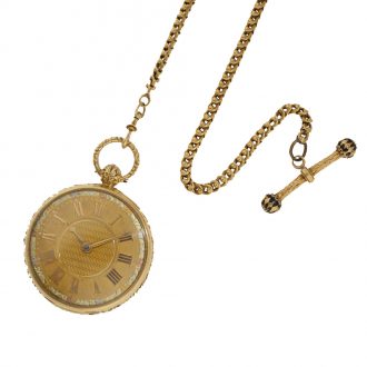 English 18 carat gold cylinder watch with gold watch chain Circa 1821