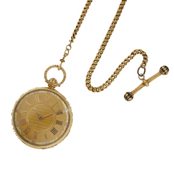 English 18 carat gold cylinder watch with gold watch chain Circa 1821 English 18 carat gold cylinder watch with gold watch chain Circa 1821
