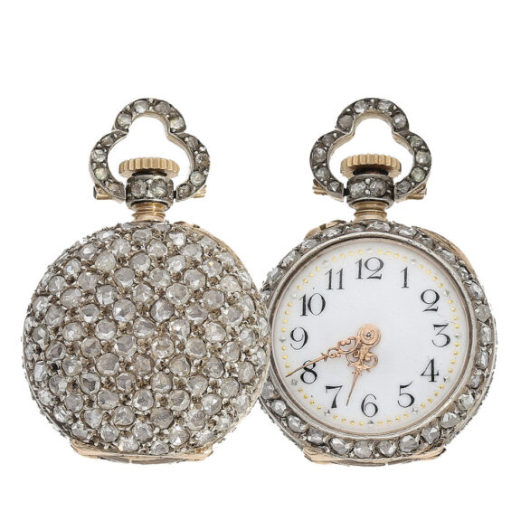 Swiss miniature pendant watch with diamond case Circa 1900 Swiss miniature pendant watch with diamond case Circa 1900