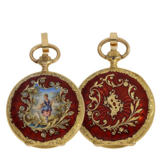 18 Carat gold red guilloché enamel pocket watch