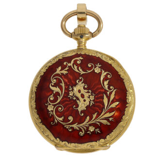 18 Carat gold red guilloché enamel pocket watch