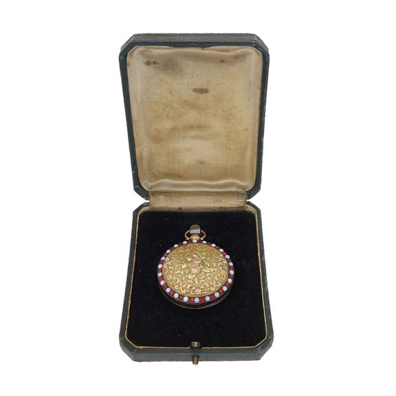 French/Swiss verge watch with relief case & stone setting Circa 1800 French/Swiss verge watch with relief case & stone setting Circa 1800