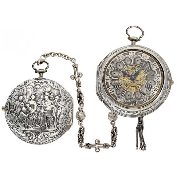 English silver pair cased verge repoussé pocket watch Circa 1760 English silver pair cased verge repoussé pocket watch Circa 1760