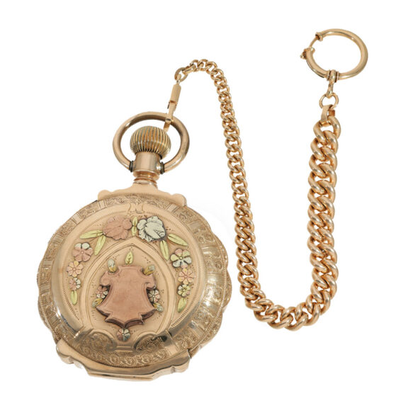 American 14 carat multi coloured gold pocket watch Circa 1889 American 14 carat multi coloured gold pocket watch Circa 1889