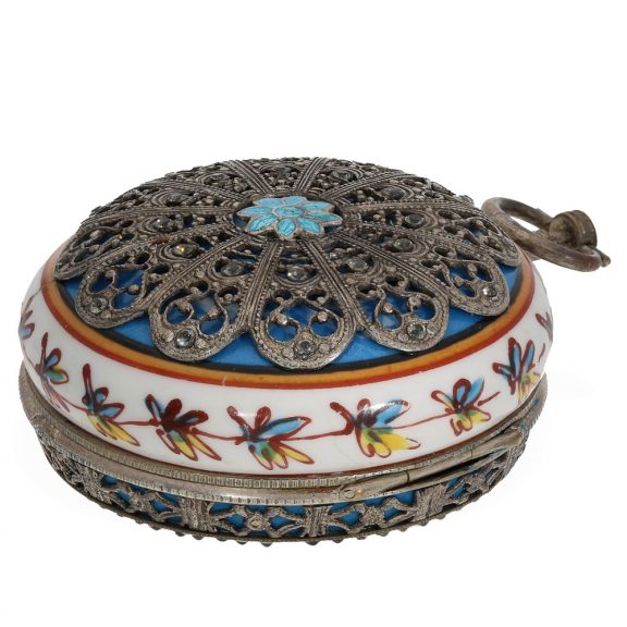 English silver verge watch with enamelled case Circa 1850 English silver verge watch with enamelled case Circa 1850