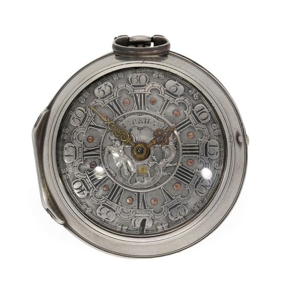 English silver pair cased verge watch with date and chain Circa 1763