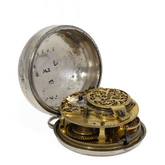 English silver pair cased verge watch with date and chain Circa 1763
