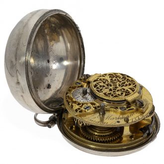 English silver pair cased verge watch with date and chain Circa 1763