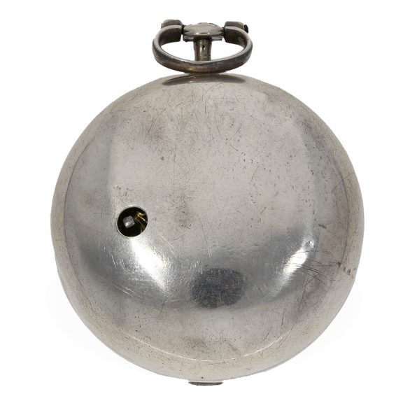 English silver pair cased verge watch with date and chain Circa 1763 English silver pair cased verge watch with date and chain Circa 1763